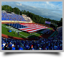 A picture of the U.S. Flag spread out over a football field; clicking the image will display a list of hyperlinks for social/recreational activities available on Fort Eustis.
